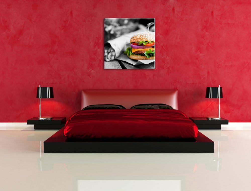 Pixxprint Burger mit Pommes als Leinwandbild/Grösse: 70x70 cm/Wandbild/Kunstdruck/fertig bespannt, 7