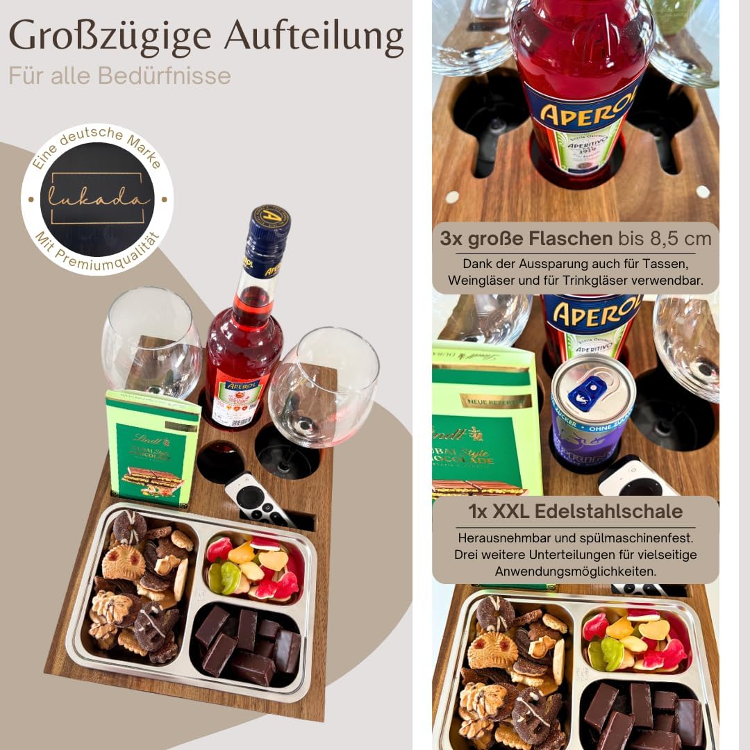 Lukada Premium Couchbar Snackbox | XXL Snackschale & 4 Getränkehalter | Akazien Holz & Bambus Sofata