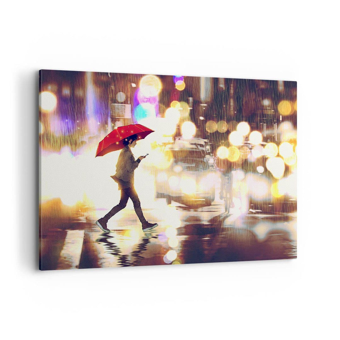 Bilder auf Leinwand 100x70cm Leinwandbild mit Rahmen Stadt Strasse Nacht Gross Wanddeko Bild Schlafz