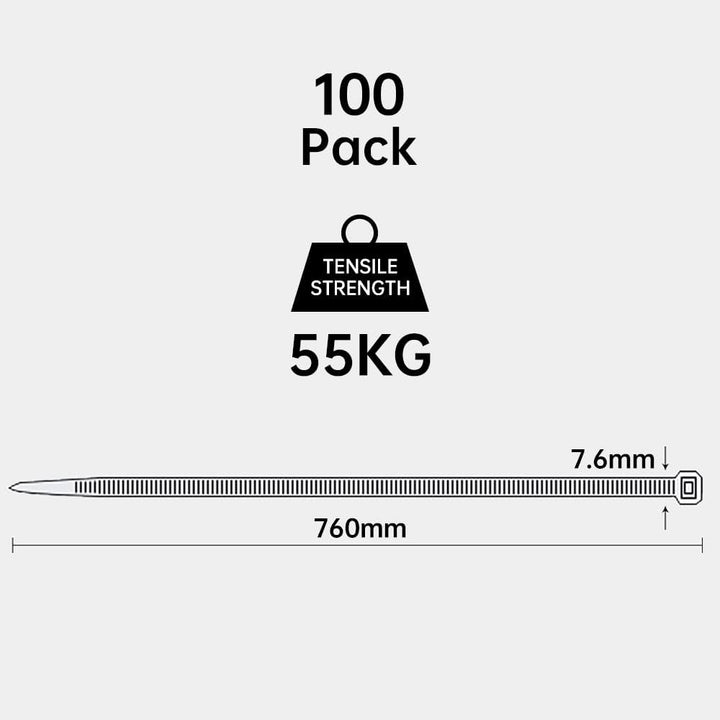 Oksdown 760mm × 7,6mm Breit 100 Stück Stark Kabelbinder mit 55 kg Zugfestigkeit weiss UV-Beständig G