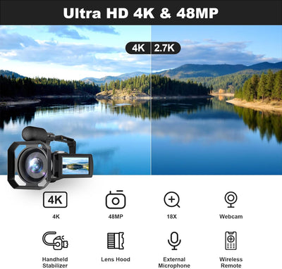 Hojocojo Videokamera 4K Camcorder 48MP 60FPS, 18X Digitalzoom Webcam Video Kamera Vlogging Kamera fü