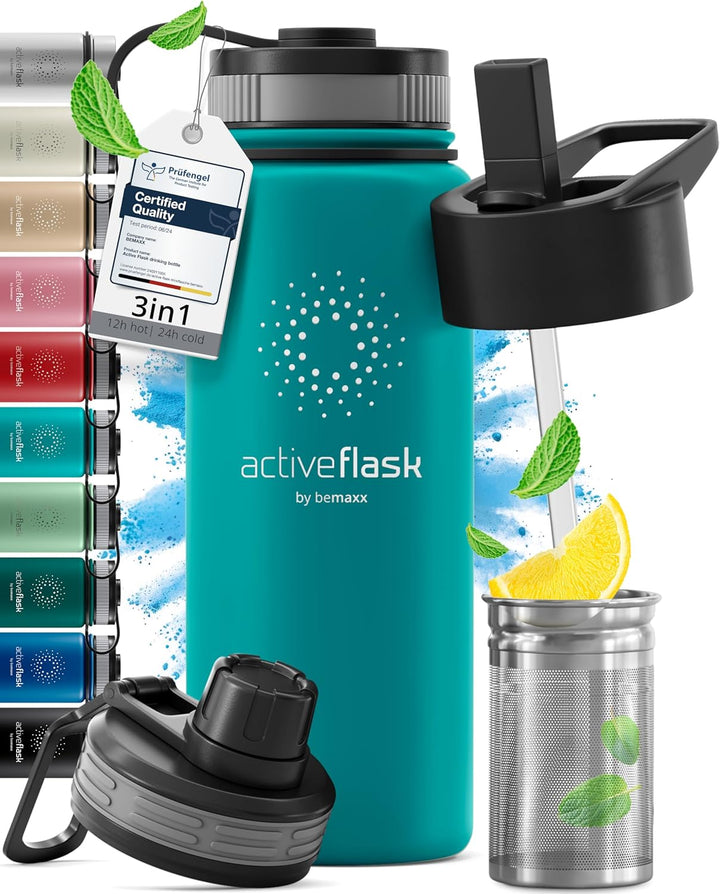 Trinkflasche Edelstahl ACTIVE FLASK + Strohhalm (3 Deckel) BPA-frei, Auslaufsicher, Kohlensäure geei