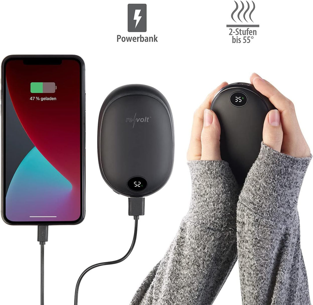revolt Handy Akku: 2er-Set USB-Powerbank & 2-Stufen-Handwärmer, 2 A, 10.000 mAh, Display (Handtasche