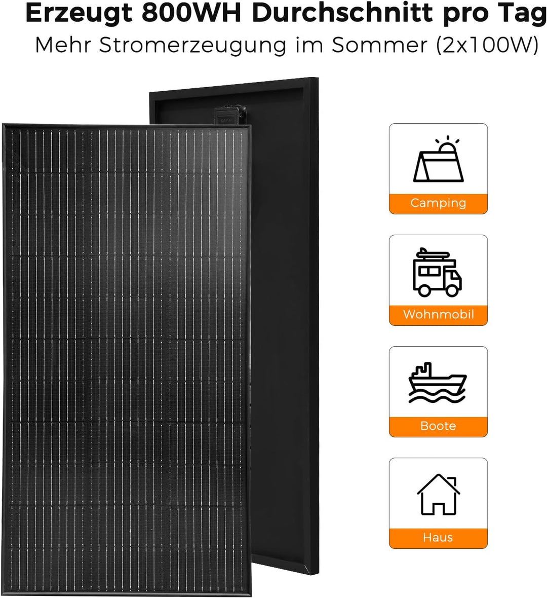 200W Solarpanel Kit Solar Set 12V, 2x100 Watt Schwarz Solarmodul + 30A Laderegler Solaranlage Komple