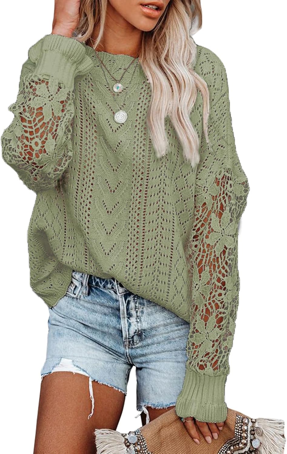Maavoki Pullover Damen Spitze Strickpullover Lässige Rundhals Lace Langarm Häkelpullover Elegantes E