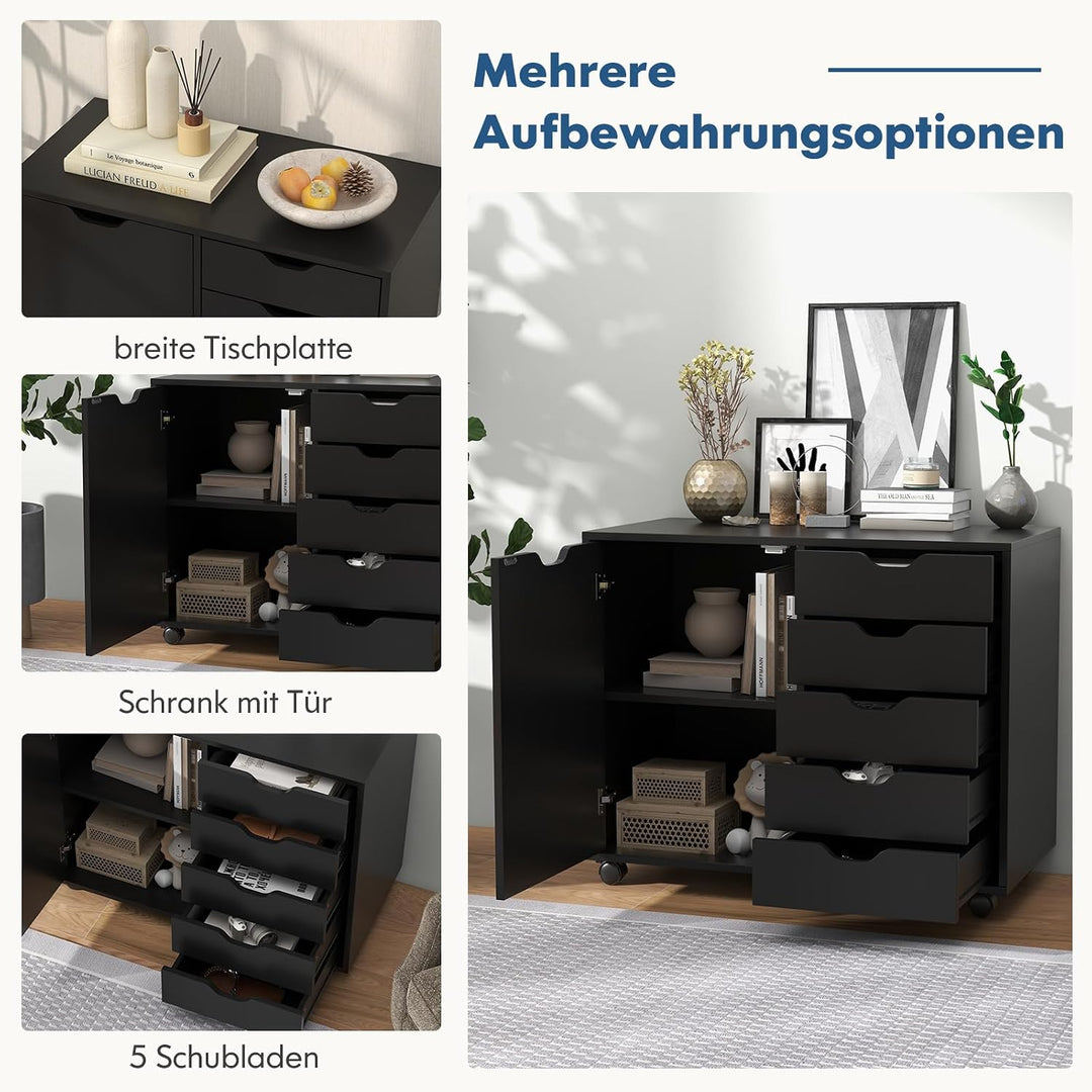 GOPLUS Rollcontainer mit Schubladen, mobiler Aktenschrank mit Schrank, Büroschrank mit 5 Rollen, für