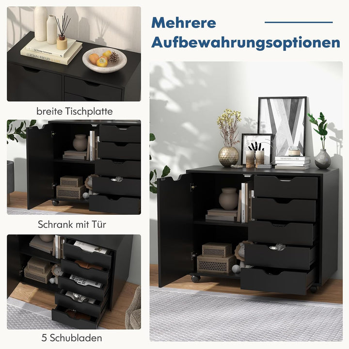 GOPLUS Rollcontainer mit Schubladen, mobiler Aktenschrank mit Schrank, Büroschrank mit 5 Rollen, für