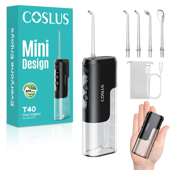 COSLUS Mini Elektrische Munddusche für Unterwegs: 4 Modi Kompaktes Design Abnehmbarer Wassertank für