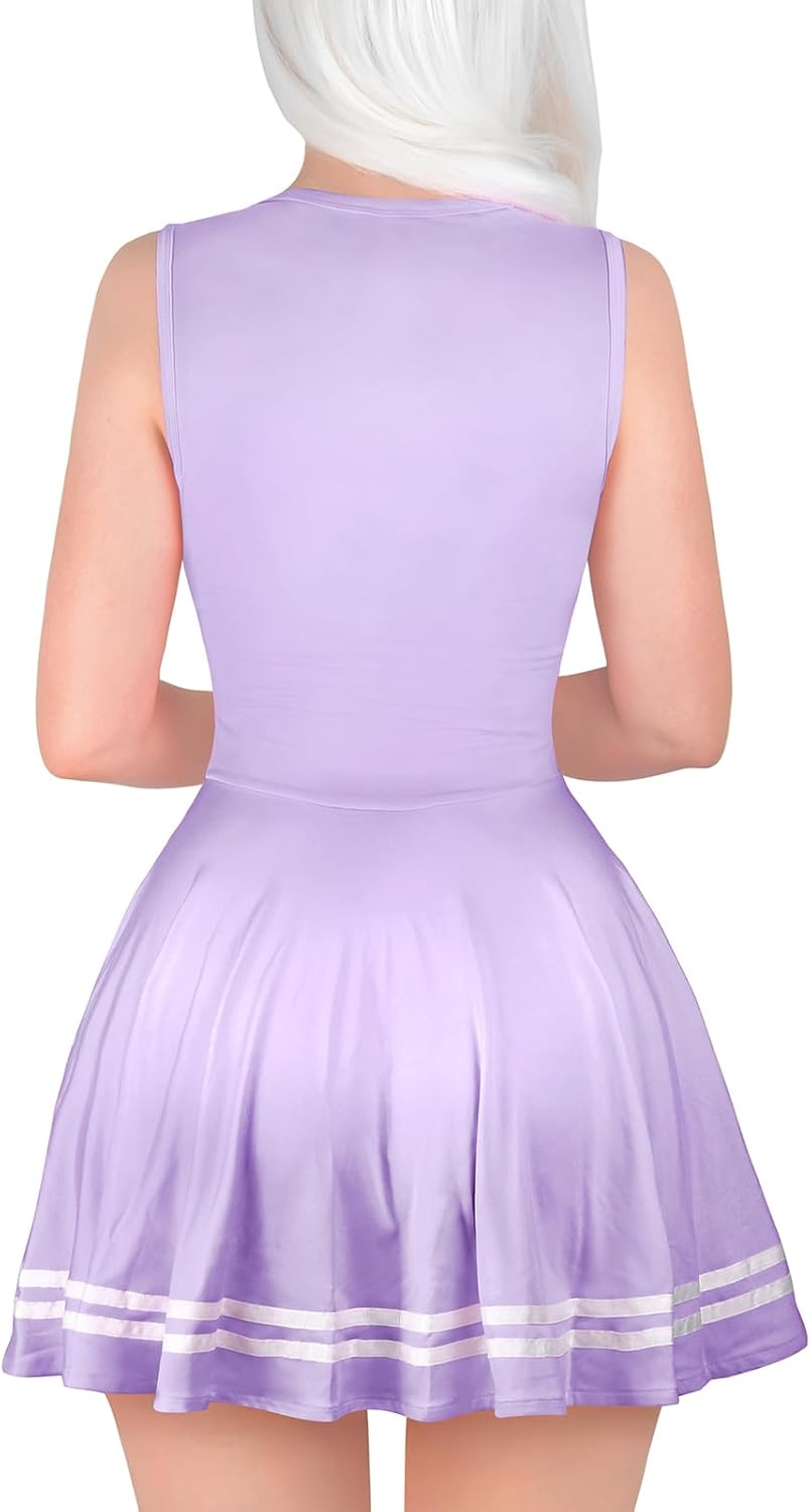 LittleForBig Damen Seidiger Ärmellose Overall Cheer Sissy Bodycon Mini Kleid Rock M Lila, M Lila