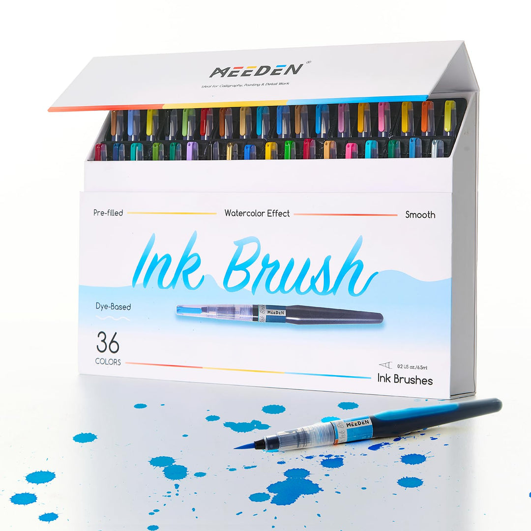MEEDEN Dye Aquarellpinsel Set mit Tinte: 36 farbstoffbasierte Tinte im Pinselstift mit 24 Grundfarbe
