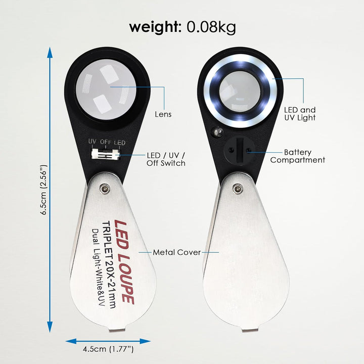 10x faltbare und beleuchtete Lupe für Juweliere. 21mm UV und LED Licht für Steine Briefmarken Münzen