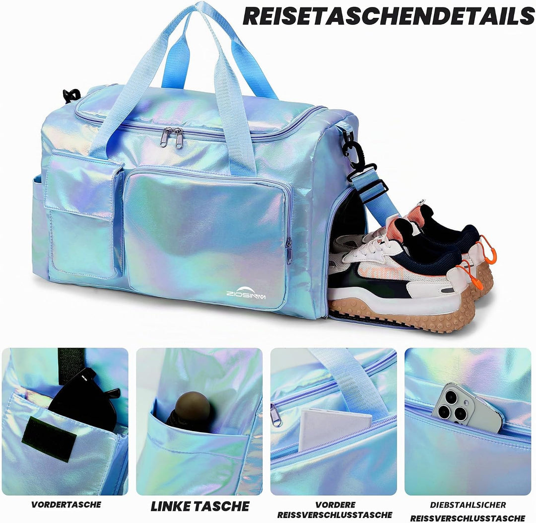 Sporttasche Damen mit Schuhfach und Nassfach, Reisetasche Damen Glitzer Gym Bag saunatasche Reisetas