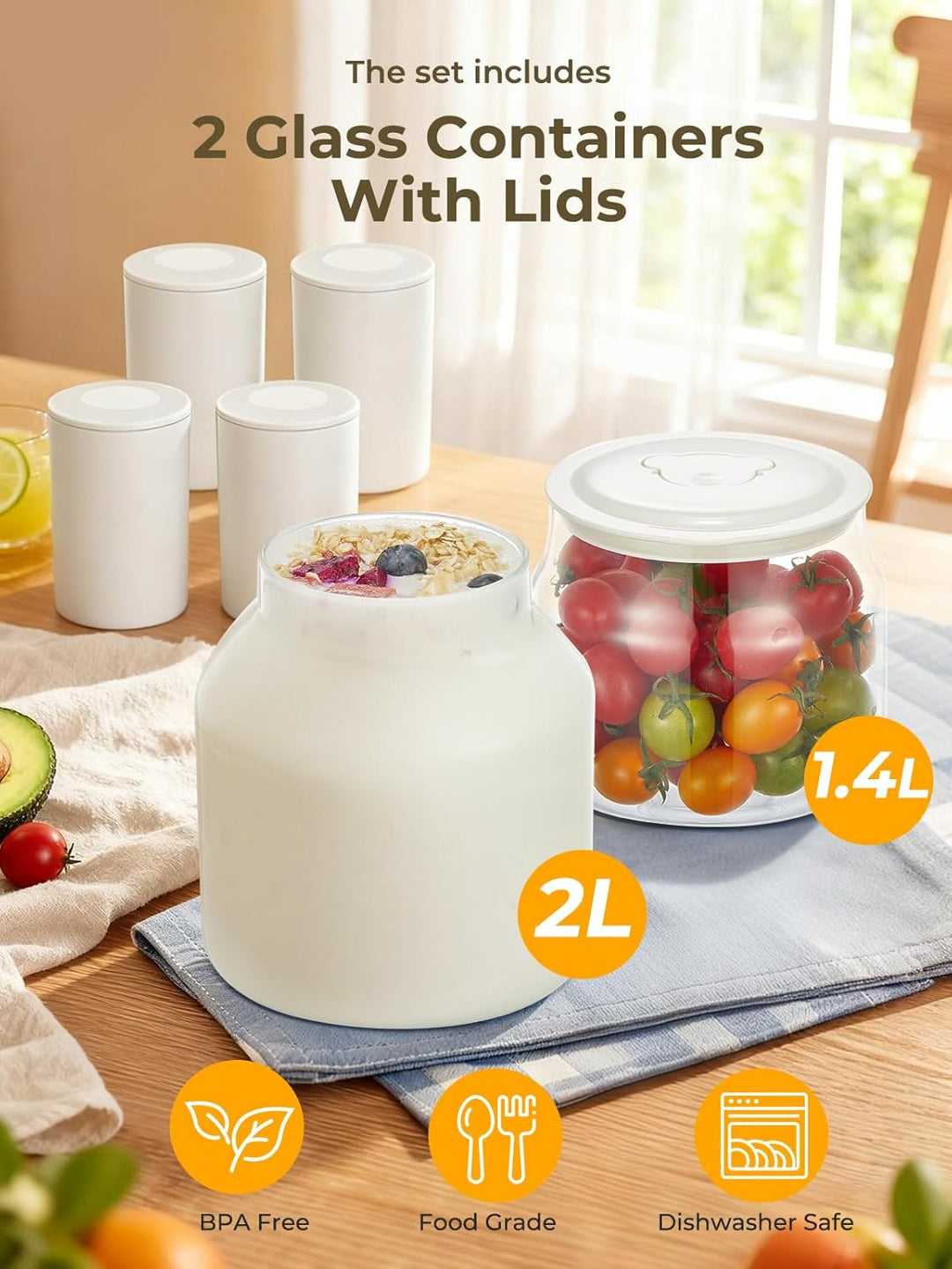 FOHERE Joghurtbereiter, Joghurt inkl. 2 XXL Glasbehälter 2000 ml und 1400 ml, 4 Keramik Portionsbech