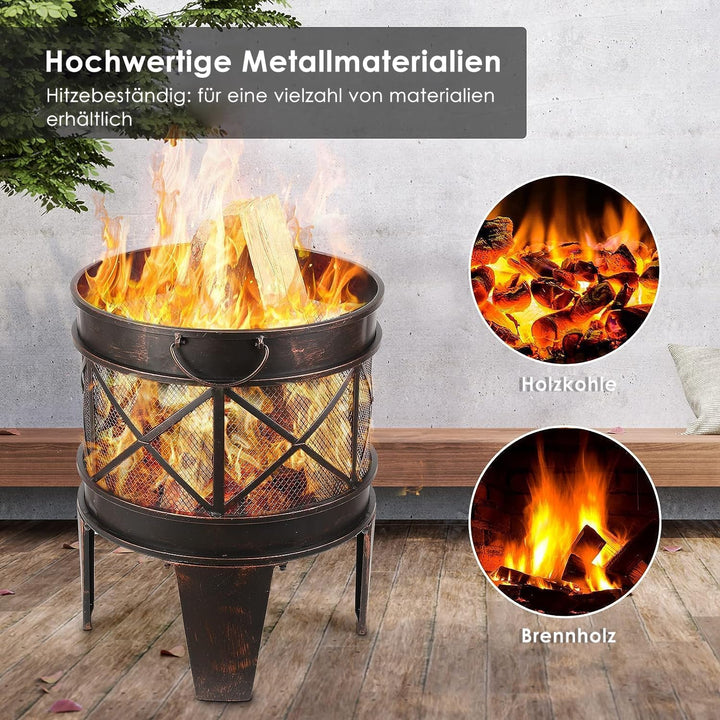 TLSUNNY Feuerschale 58 x 45 x 42 cm,Feuerkorb, Kamin mit Feuerschale Rund in Antik-Rost-Optik, Griff