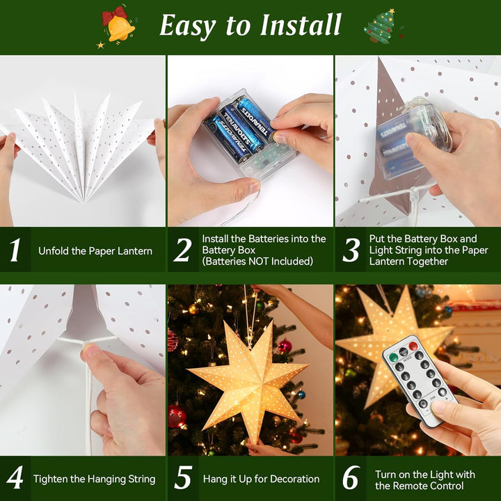 Lewondr Weihnachts Papier Stern Laternen 3PCS, Hängende 7-Zackige Stern Lichter Mit Ausgestanzten Pu