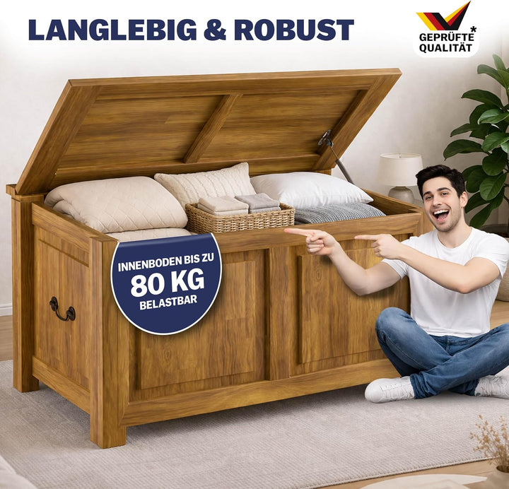 CASARIA® Holztruhe mit Deckel Gross 103L Volumen Sitzbank Stauraum 160kg belastbar Holz Akazie Flur