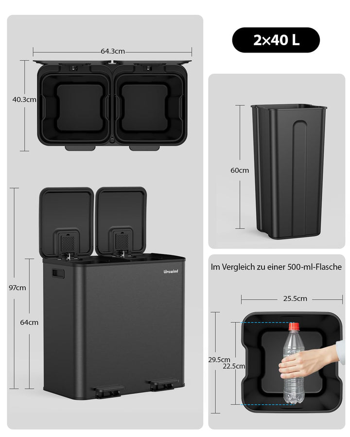 lovewind Mülleimer, 2 x 40L Mülleimer Küche, Doppeleimer für Recycling und Abfall, Schwarz, Mülleime