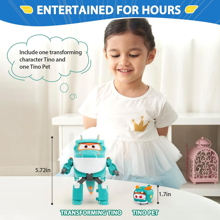 Super Wings EU770447 - Transforming Tino & Pet, ca. 14,5 cm grosse verwandelbare Spiel-Figur mit ca.