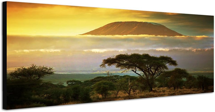 Paul Sinus Art Panoramabild auf Leinwand und Keilrahmen 150x50cm Afrika Kilimandscharo Sonnenunterga