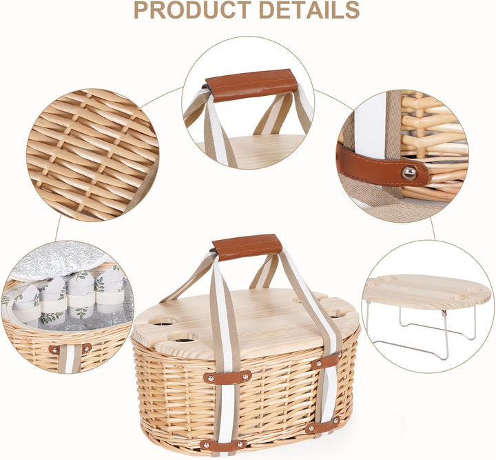 Picknickkorb-Set für 4 Personen – Isolierter Weidenkorb mit klappbarem Weintisch, Picknickset mit In