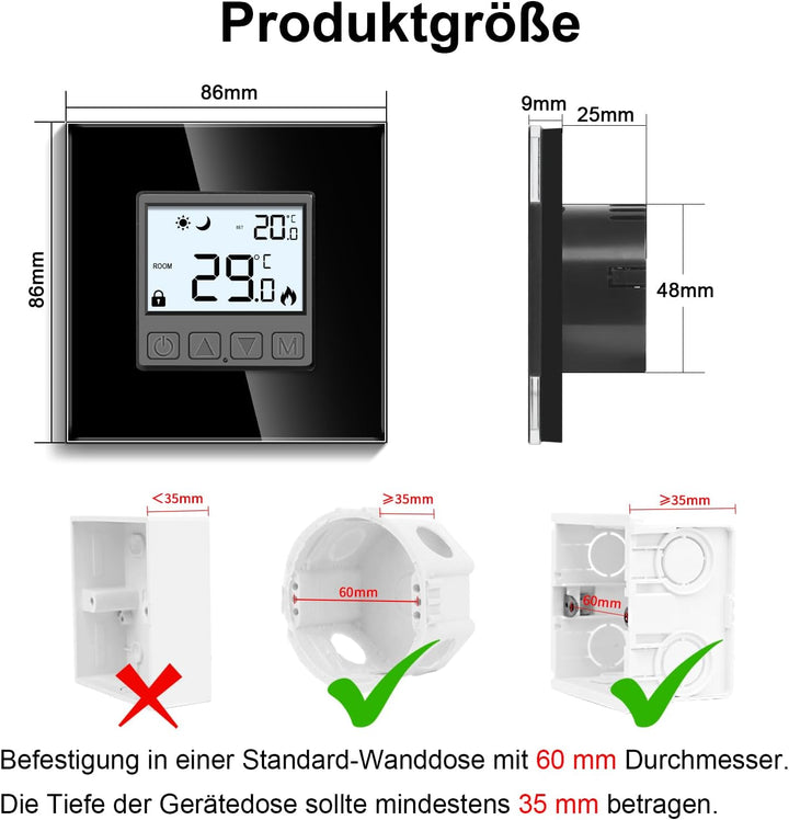 CNBINGO Digitaler Raumthermostat Unterputz mit Fühler, Thermostat für Wasser Fussbodenheizungen und