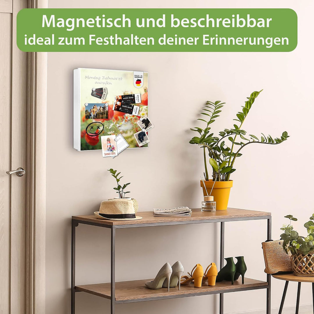 banjado® Grosser Schlüsselkasten Glas/Schlüsselbox 30cm x 30cm mit 50 Haken - Motiv Kamille Und Mohn