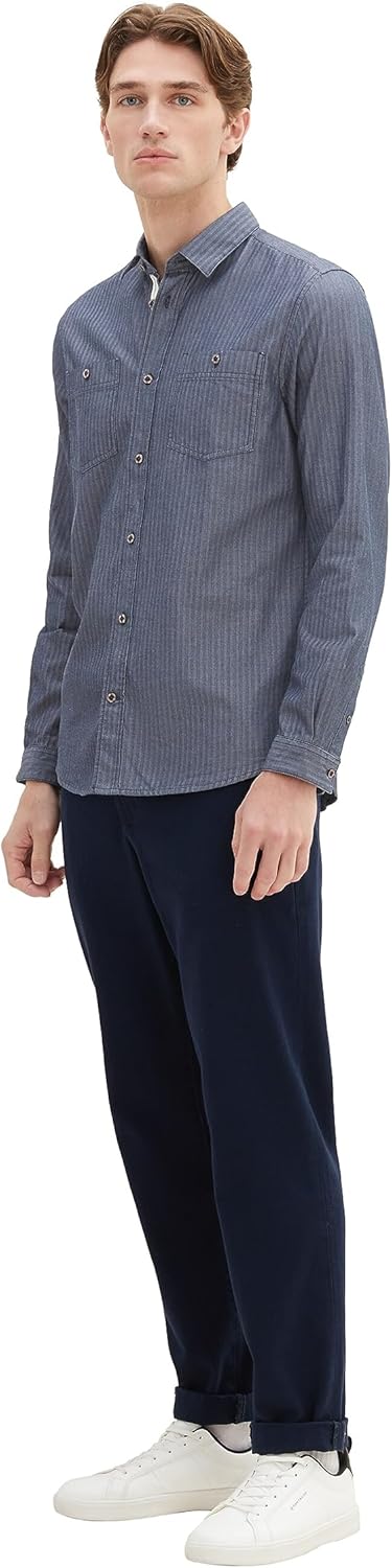 TOM TAILOR Herren Regular Fit Hemd mit aufgesetzten Brusttaschen M 32322-navy Herringbone Structure,