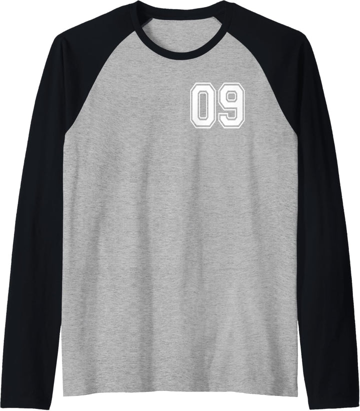 Nummer 09 vorne und hinten in Weiss gedruckt Raglan