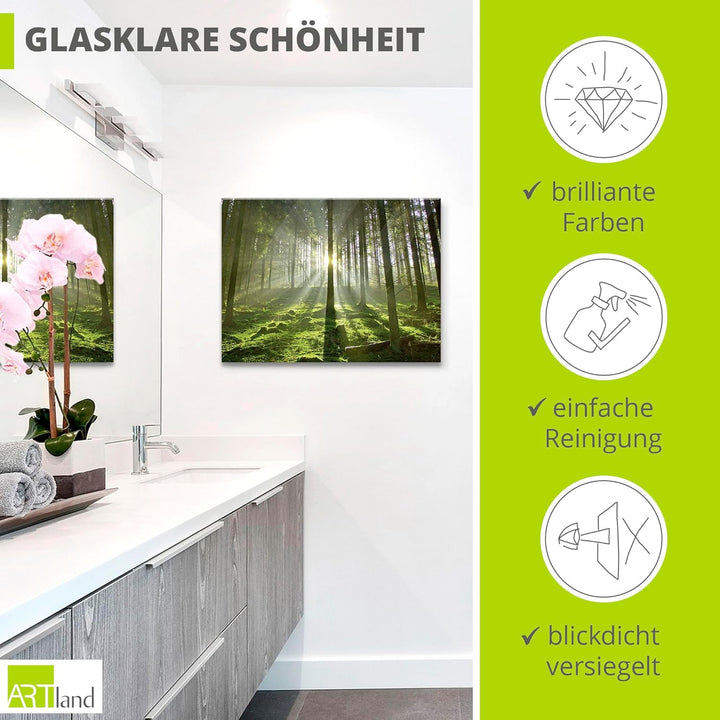 Glasbilder Wandbild Glas Bild einteilig 60x80 cm Hochformat Natur Wald Landschaft Sonne Bäume Moos F