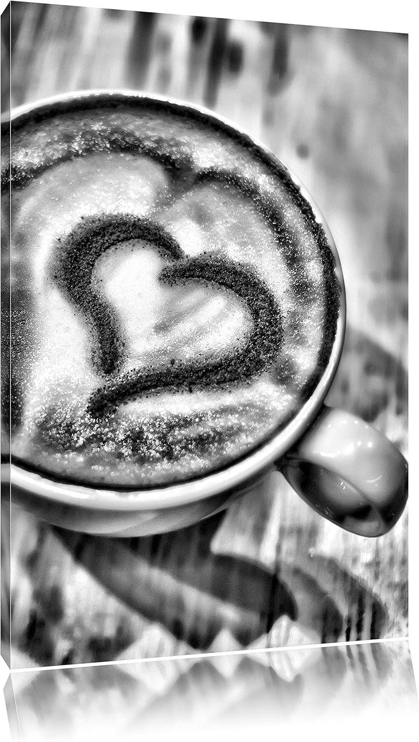 Pixxprint Monocrome, Kaffee Coffee Herz aus Schaum Cappucino, Format: 100x70 auf Leinwand, XXL riesi