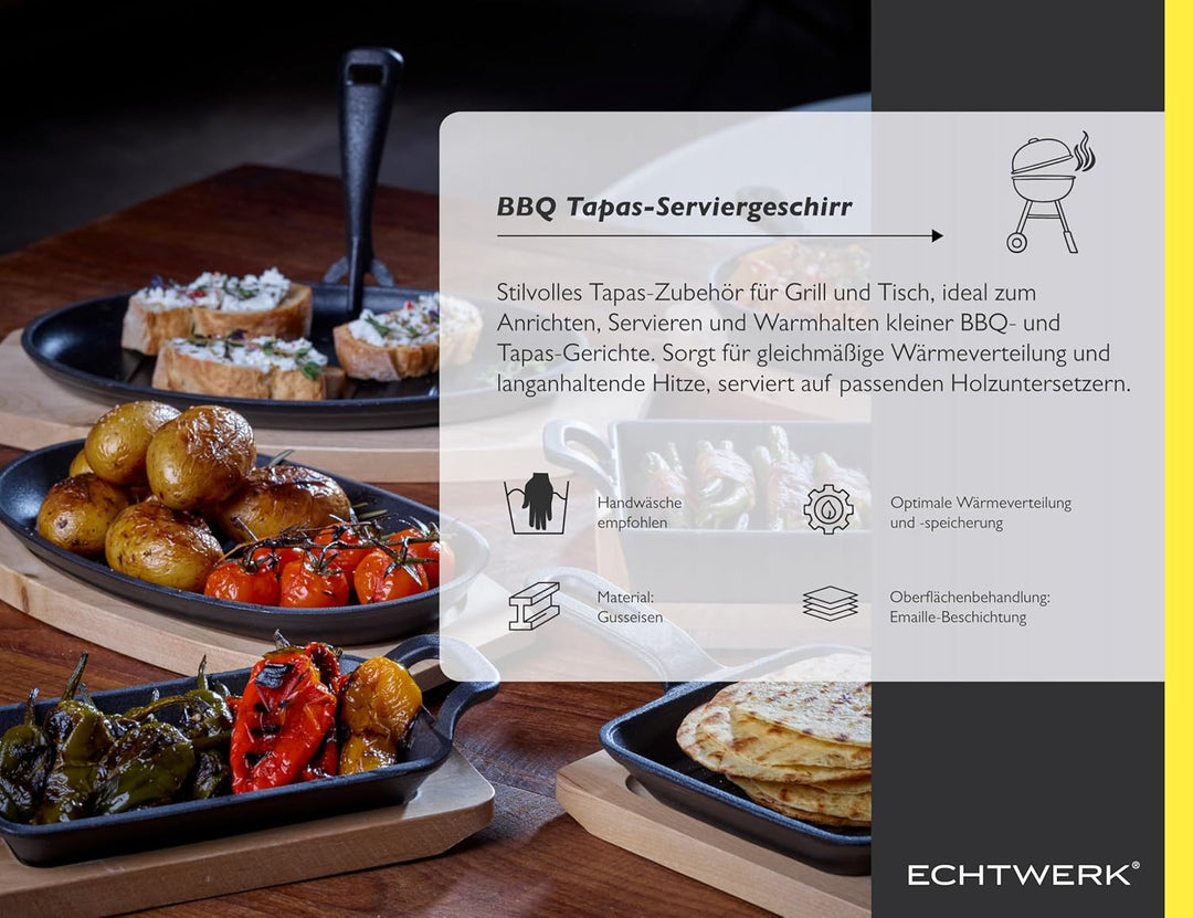 ECHTWERK Servierpfanne aus Gusseisen mit Grillstreifen und Servierbrett, Abnehmbarer Griff, Bereits