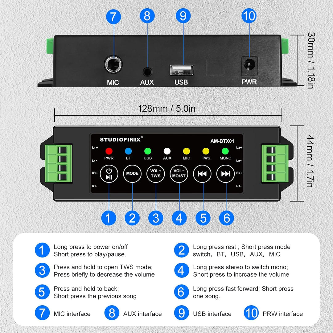 STUODIOFINIX 4-Kanal Mini Bluetooth Verstärker 120w für Passive Lautsprecher mit TWS, AUX, MIC, USB,