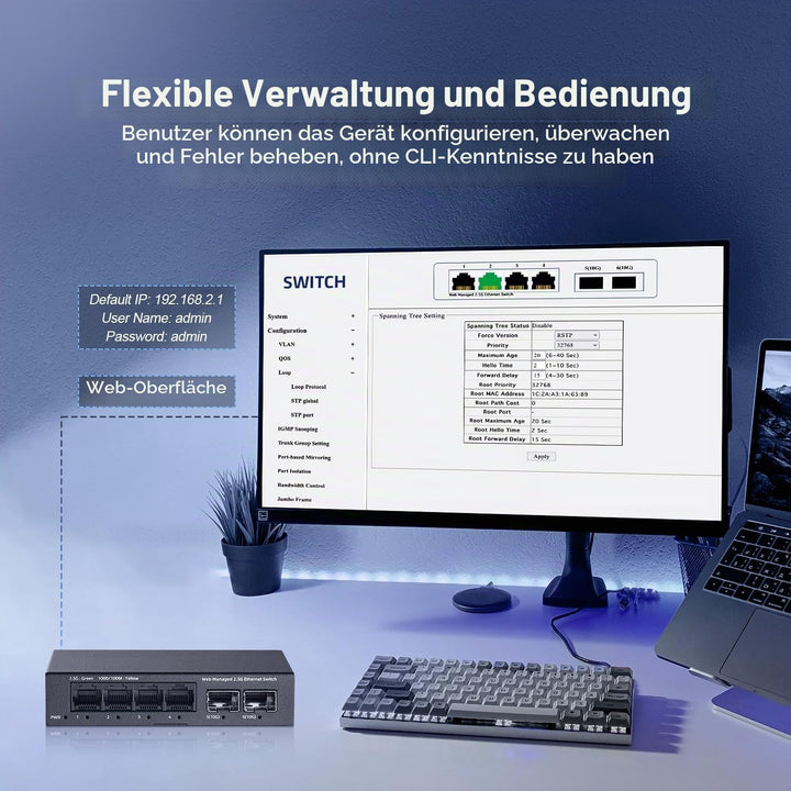YuLinca 6 Port 2.5G Easy Web Managed Switch, 4 x 2.5Gbps Base-T Ports und 2 x 10G SFP+ Slot, unterst