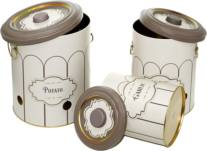 Lashuma Vorratsdosen Retro für Zwiebeln - Kartoffeln, Aufbewahrungsbox Knoblauch mit Deckel 22 cm Re