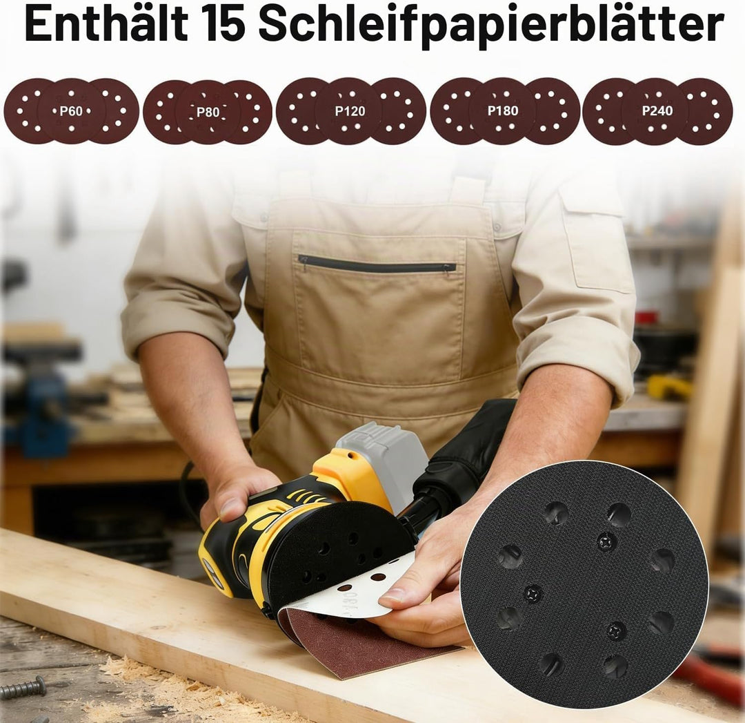 Exzenterschleifer für DeWalt Akku, 125mm Professional Schleifmaschine mit 15 Stück Schleifpapier, 3