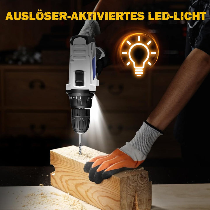 Akku-Bohrschrauber Akkubohrer 16,8V Akkuschrauber Set mit 2×1,5Ah Akkus, LED Arbeitslicht, 2-Gang, 4