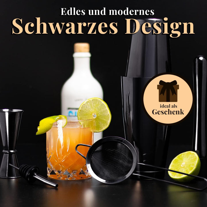 SHAKEIN Cocktail Set 12-teilig | Edles Cocktail Shaker Set in Schwarz | Grosses Cocktail Mix Set | 7