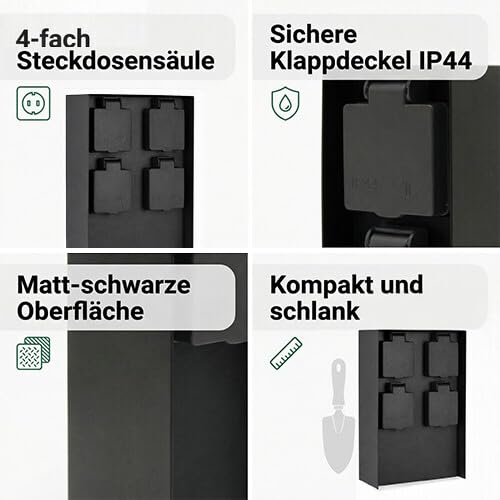 LED Universum Gartensteckdose aus Edelstahl, IP44 für aussen (Schwarz 4-fach), Schwarz 4-fach