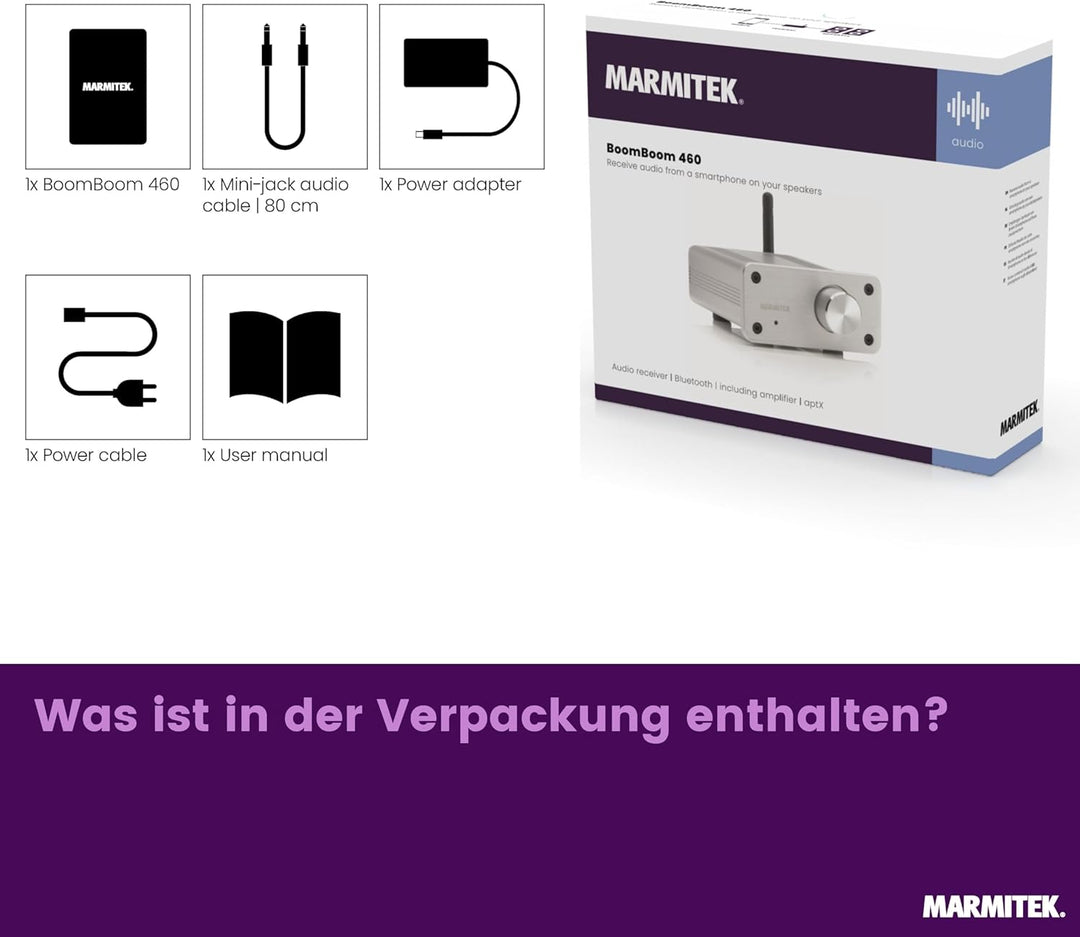 Mini Verstärker Bluetooth - Marmitek BoomBoom 460 - aptX - 2x 20W RMS - AUX Eingang - passive Lautsp