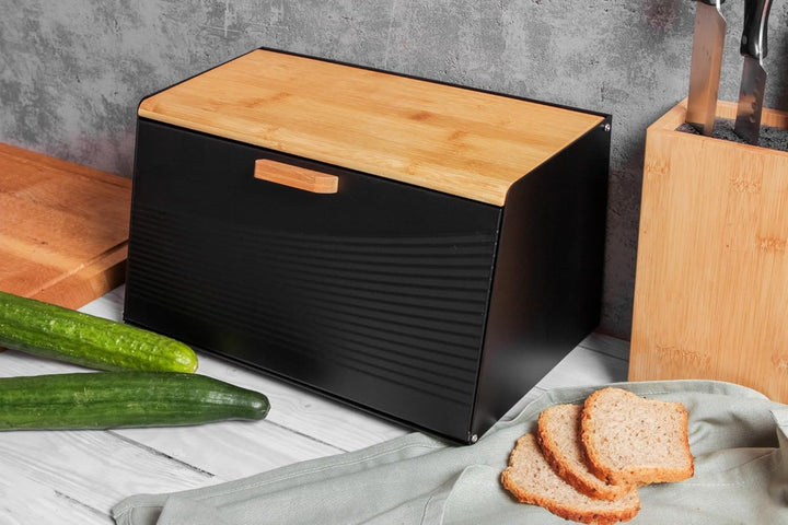 Brotkästen mit Deckel,Brotaufbewahrungsbox, Schneidebrett aus Bambus, Brotkasten aus Metall, Brot un