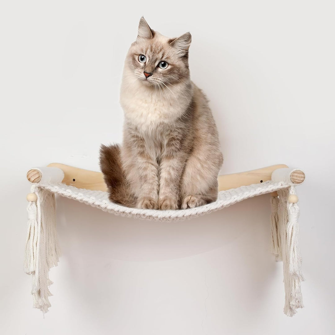 Makramee-Katzen-Wandregal & Hängematte - Gemütliche Katzenbetten mit Fensterplatz für Indoor-Spass,