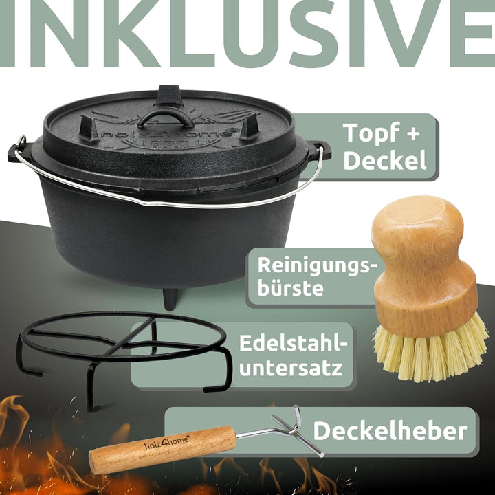 holz4home® Dutch Oven Set [9L, Mit Füssen] I Eingebrannter Feuertopf Gusseisen I Schmortopf mit Deck