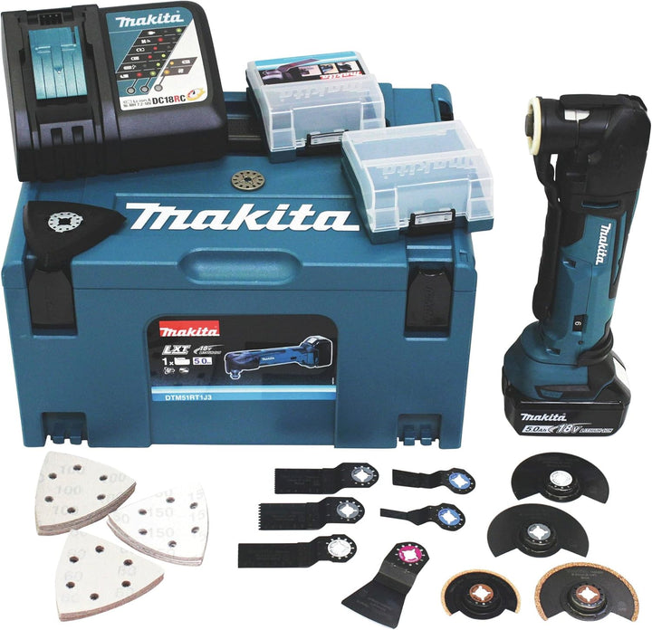Makita DTM51RT1J3 Multifunktionswerkzeug 18 V / 5,0 Ah, inklusiv 41 teilig Werkzeugbox, Ladegerät im