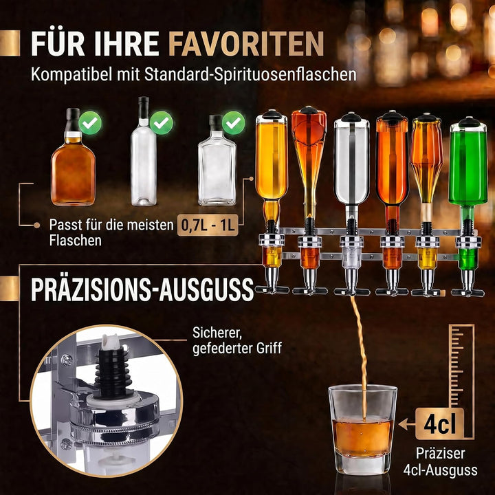 Bar-Butler zur Wand-Montage, 6-Fach Flaschen-Halter mit 4cl-Dosierer Getränkespender für Schnaps & W