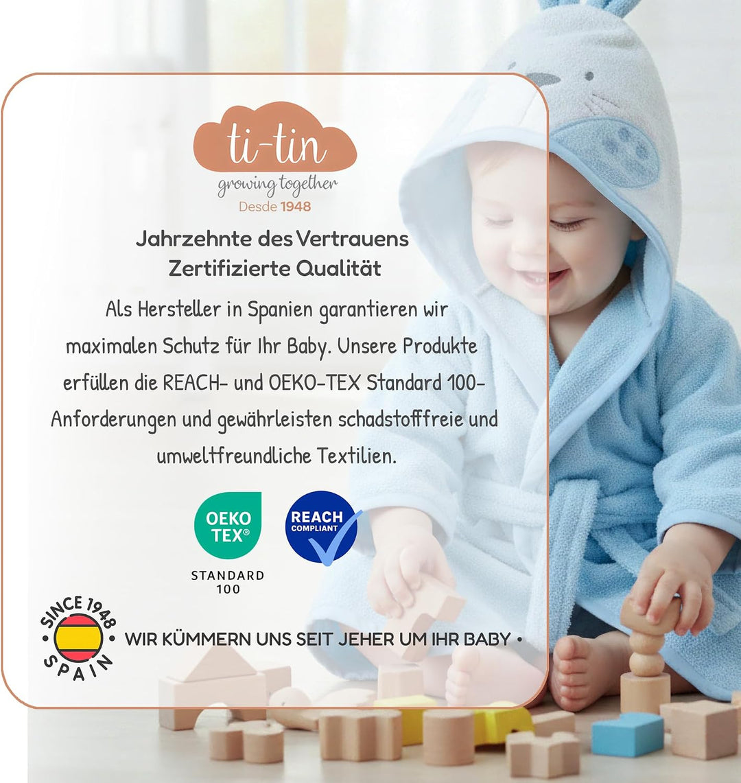 Ti TIN Kinder‑Bademantel mit Kapuze und Hasenohren – 100% Baumwolle, weich &amp; saugfähi, Grösse 6–12 M