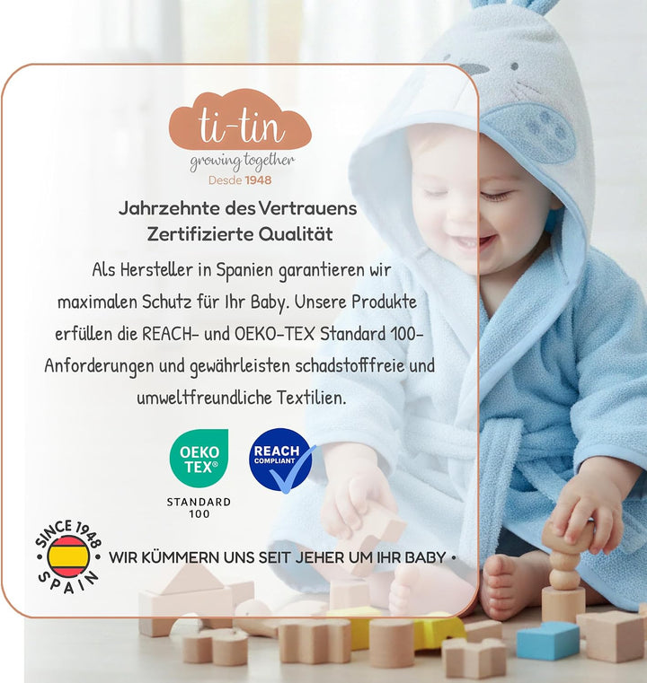 Ti TIN Kinder‑Bademantel mit Kapuze und Hasenohren – 100% Baumwolle, weich &amp; saugfähi, Grösse 6–12 M