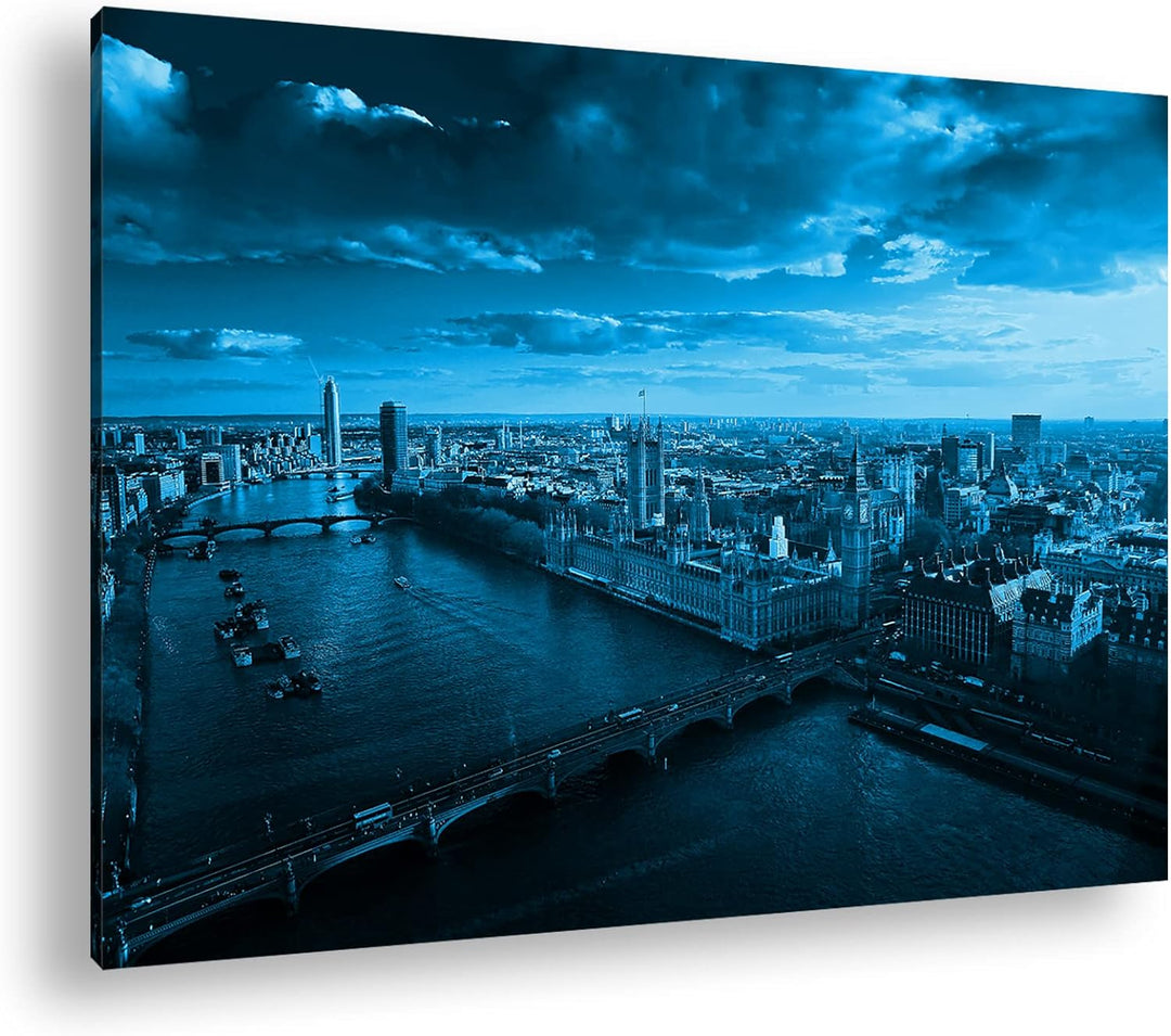 deyoli endlose Themse Fluss in London Format 80x60 Effekt: Monocrome Blau als Leinwandbild, Motiv fe
