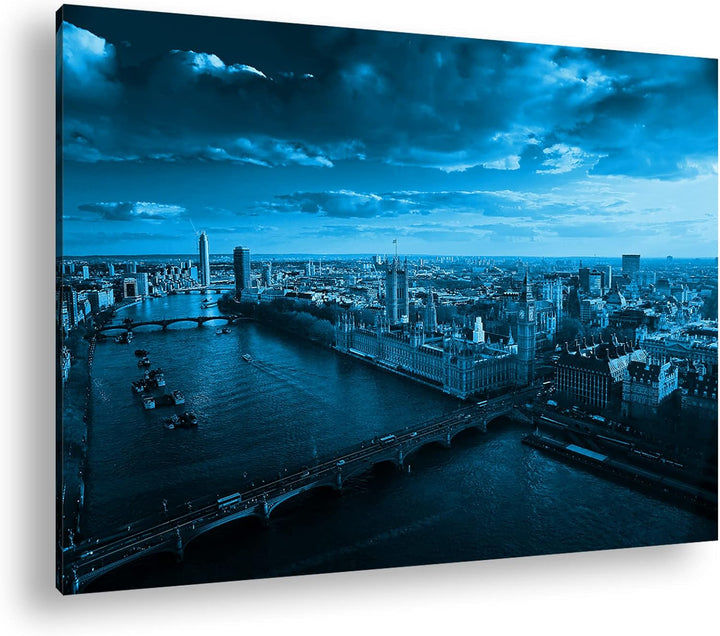 deyoli endlose Themse Fluss in London Format 80x60 Effekt: Monocrome Blau als Leinwandbild, Motiv fe