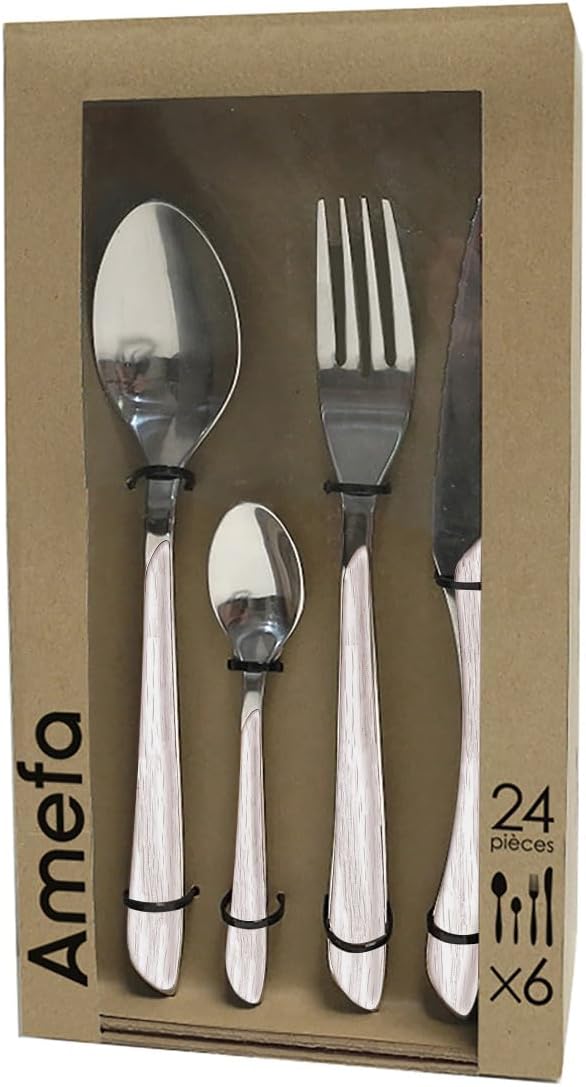 Amefa ECLAT Besteck Set | NATURE Weiss Holz | Essbesteck 24-teilig für 6 Personen | Edelstahl rostfr