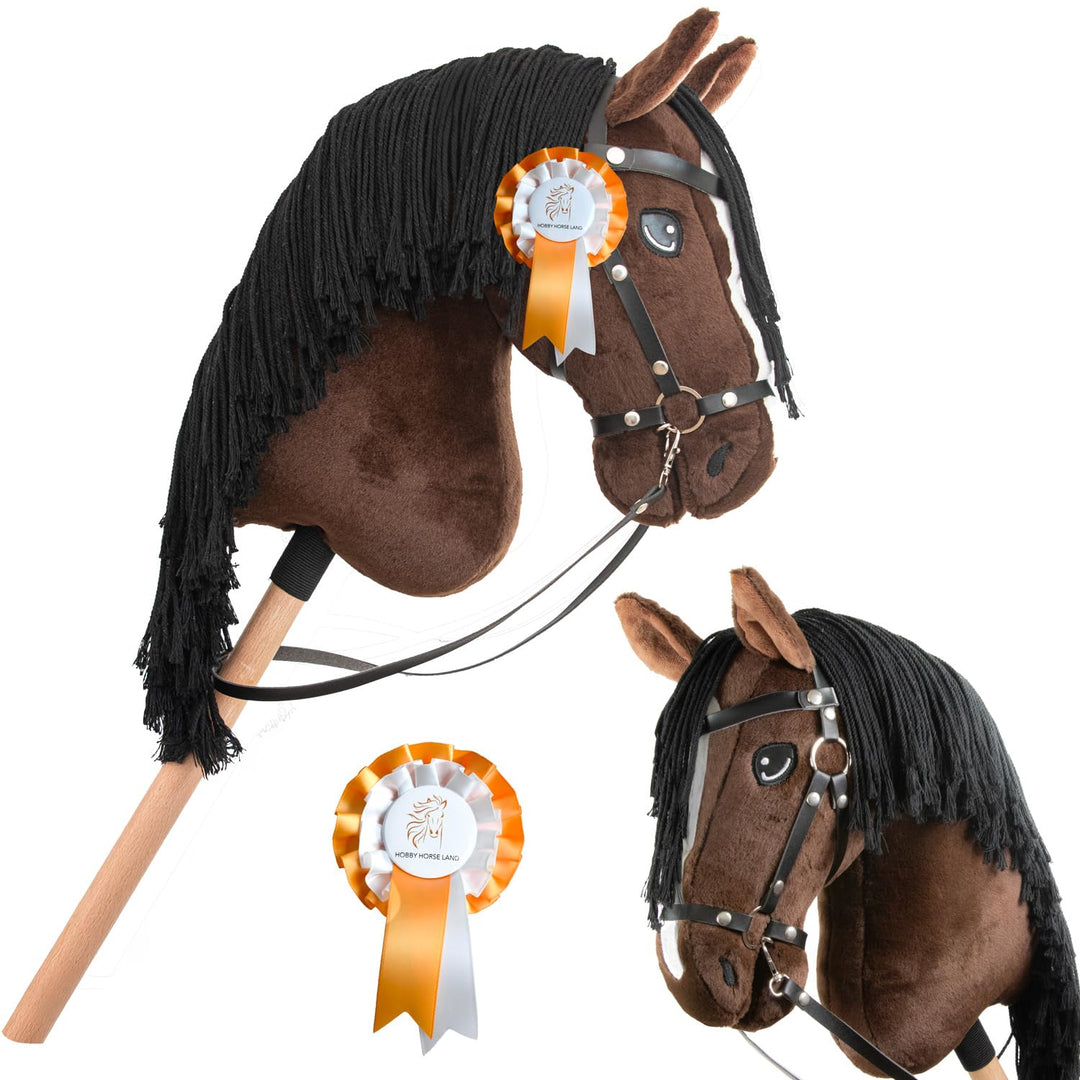 Hobby Horse Bai braun schwarze Haare, komplettes Stickpferd mit Netz, Gebiss, Zügel und Schwimmer, P